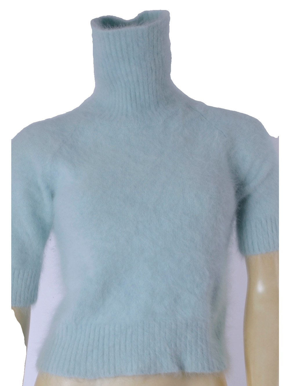 Vintage Angora Sweater S Pale Blue Fuzzy Soft Turtleneck Short Sleeve Crop Retro